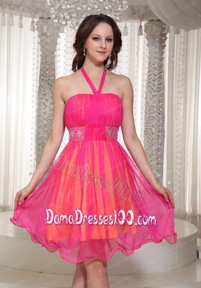 Organza Halter Beading Dama Dress Hot Pink