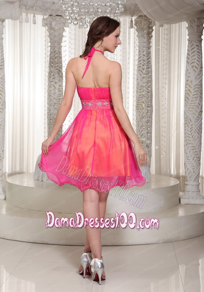 Organza Halter Beading Dama Dress Hot Pink
