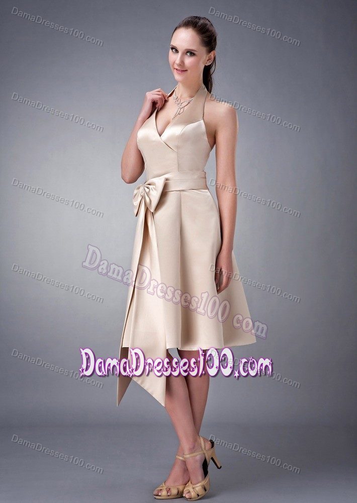 Halter Tea-length Champagne Quince Dama Dress with Oversized Bowknot