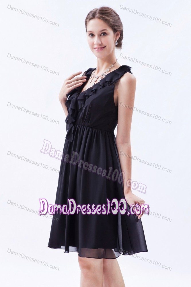 Little Black Chiffon Quinceanera Damas Dress with Ruffled V-neck