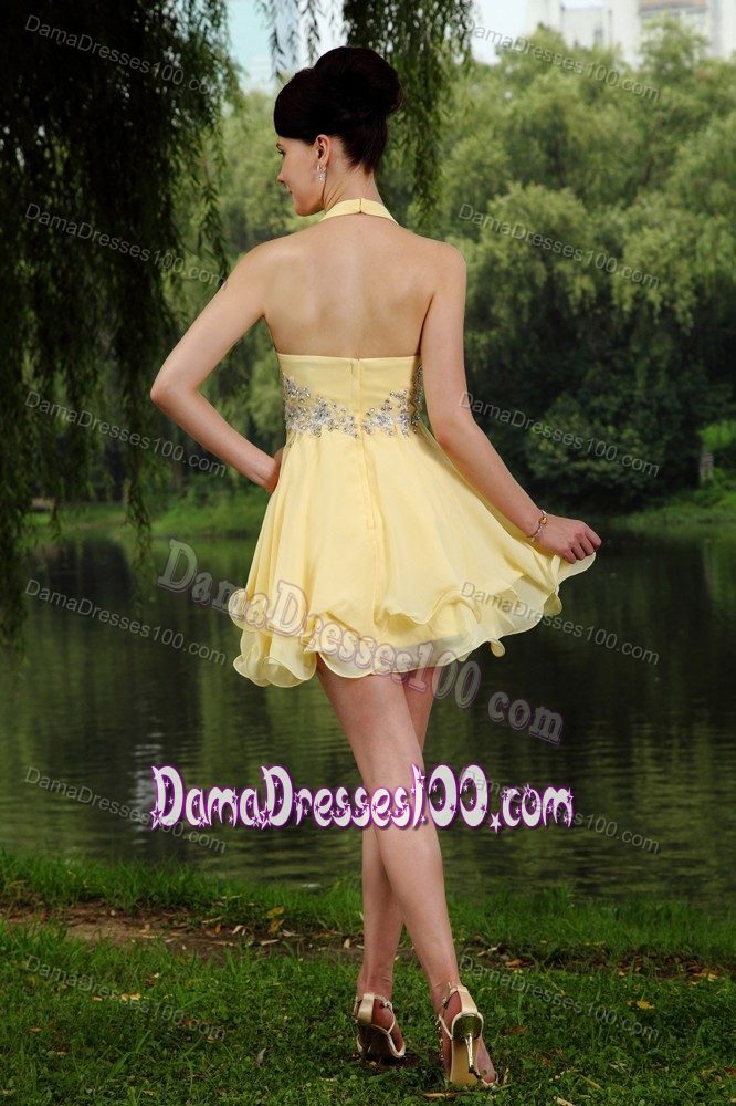 Zipper-up Halter Appliqued Yellow Mini Damas Dress for Quince