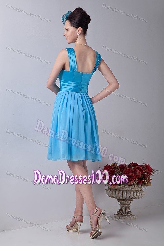 Aqua Blue with Straps Chiffon Dresses For Damas with Ruches