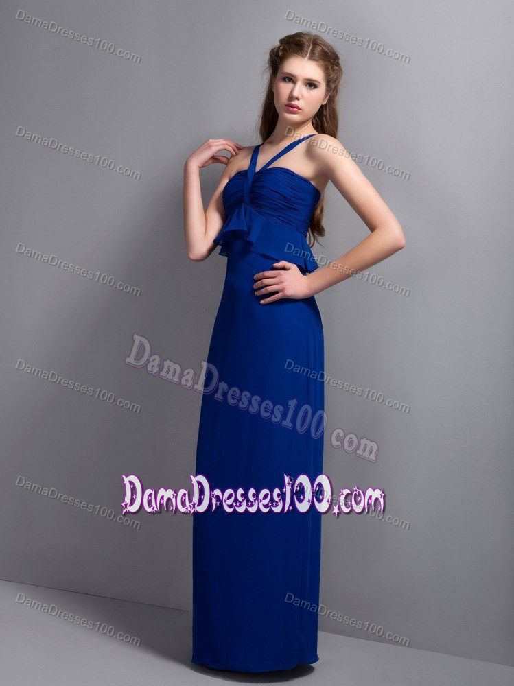 V-neck Long Ruched Peacock Blue Dama Dresses For Quinceanera