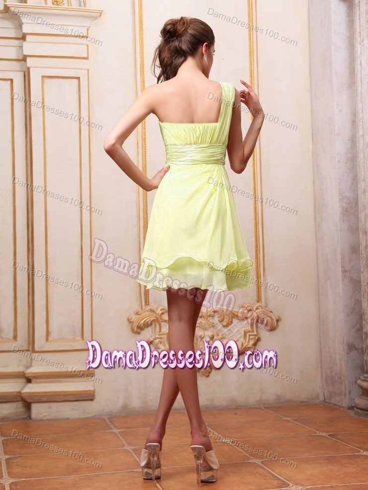 One Shoulder Yellow Prom Dama Dress with Beading and Ruches