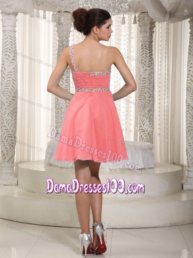 Watermelon One Shoulder Empire Mini-length Beaded Dama Dress