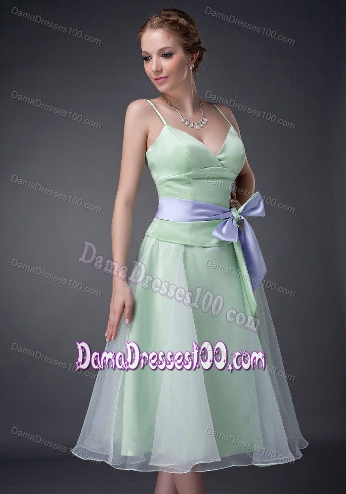 Straps Apple Green Tea-length Dresses For Damas with Bowknot
