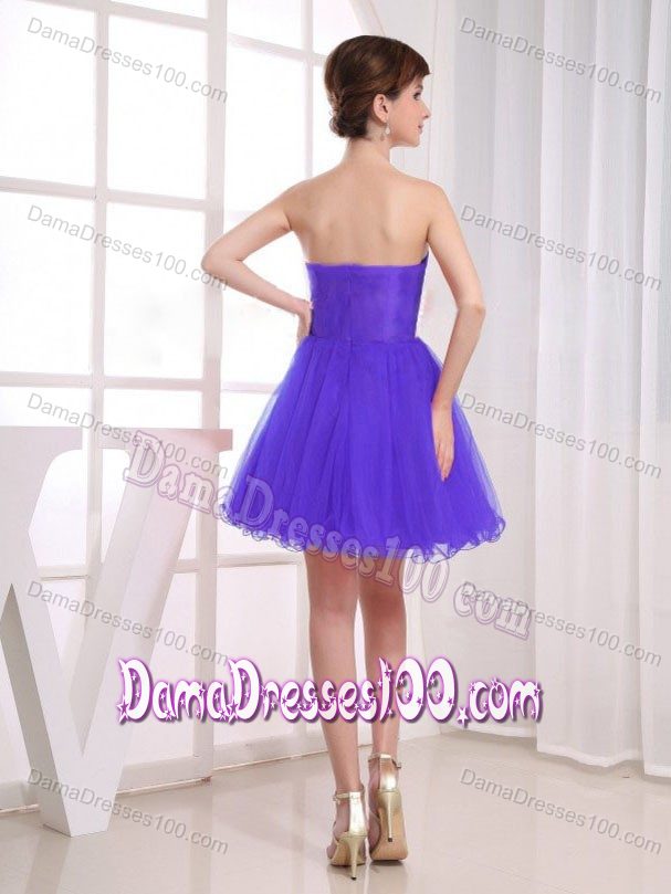 Beading Sweetheart Ruche Purple Short Dama Dress for Quinceaneras