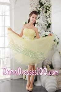 Light Yellow A-Line Strapless Mini-length Organza Beading Dama Dress