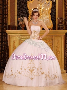 White Ball Gown Strapless Floor-length Satin and Organza Appliques Quinceanera Dress