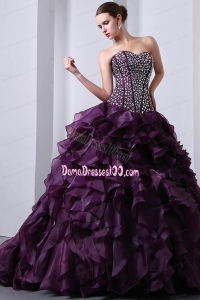 Purple A-Line / Princess Sweetheart Brush Train Organza Beading and Ruffles Quinceanea Dress