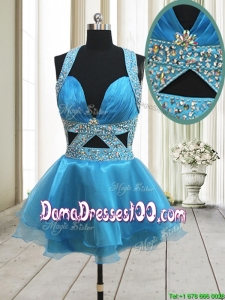 Perfect Beaded Decorated Halter Top Baby Blue Backless Dama Dress in Organza