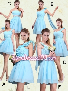 2015 Ruching Chiffon Aqua Blue Dama Dresses with Mini Length