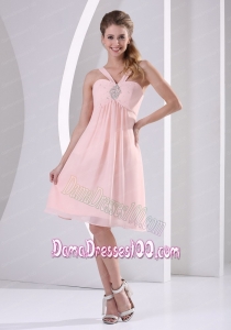 Baby Pink Straps V-neck Empire Knee-length Short Dama Dress With Beading Chiffon