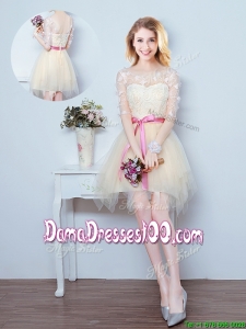 Luxurious See Through Laced Bowknot Ruffled Dama Dress with Half Sleeves