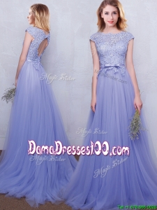 Popular Open Back Laced Bodice Cap Sleeves Lavender Dama Dress with Brush Train