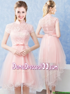 Lovely High Low Laced Bodice and Belted High Neck Short Sleeves Dama Dress in Baby Pink