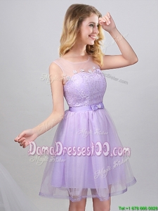 Lovely See Through Scoop Laced and Belted Tulle Dama Dress in Mini Length