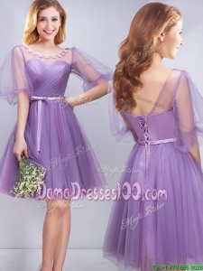 Modern Princess Belted and Applique Short Dama Dress with Half Sleeves
