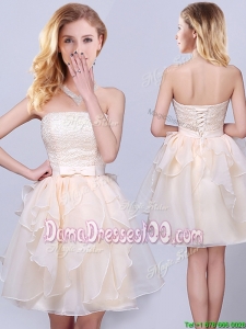 Pretty Strapless Princess Organza Champagne Short Dama Dress with Ruffles and Lace