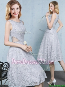 Top Seller Cut Out Waist Beaded Knee Length Grey Dama Dress in Lace