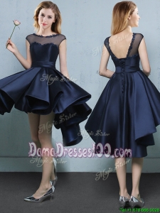 Affordable See Through High Low Navy Blue Dama Dress with Cap Sleeves