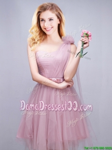 Beautiful One Shoulder Short Dama Dress with Handcrafted Flower and Bowknot
