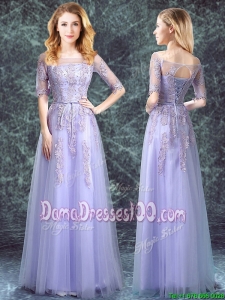 Beautiful Square Applique Tulle Lavender Long Dama Dress with Half Sleeves