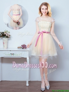 Cheap Laced Bodice and Ruffled Bowknot Champagne Dama Dress with Short Sleeves
