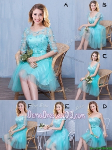 Cheap Tulle Applique and Bowknot Laced Short Dama Dress in Aqua Blue