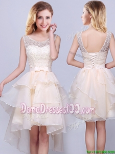 Discount Organza High Low Champagne Dama Dress with Laced Bodice and Ruffles