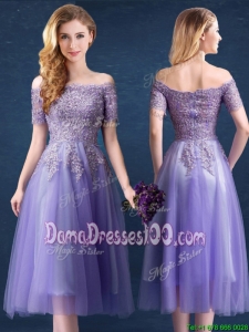 Discount Zipper Up Tea Length Lavender Dama Dress with Lace and Beading