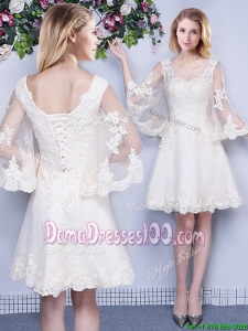 Elegant Laced Scoop White Short Dama Dress with Three Quarter Length Sleeves