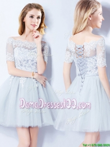 Latest See Through Short Sleeves Light Blue Tulle Dama Dress with Laced Bodice