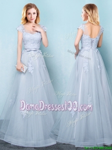 New Style Cap Sleeves Applique and Belted Long Dama Dress in Light Blue