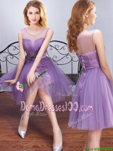 Popular See Through Scoop Lavender Tulle Dama Dress with Beading and Belt