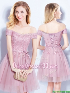 Pretty Off the Shoulder Applique and Belted Dama Dress in Pink