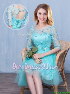 Pretty See Through Scoop Aqua Blue Short Dama Dress with Half Sleeves
