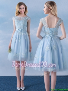 Simple Applique and Belted Cap Sleeves Short Dama Dress in Light Blue