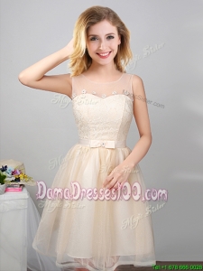 Simple Laced and Belted Champagne Short Dama Dress with See Through Scoop