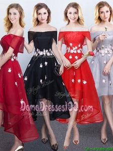 Top Seller Off the Shoulder High Low Cut Out Waist Appliques Dama Dress in Red