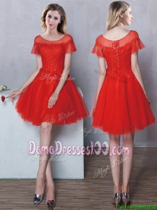 Hot Sale Laced Bodice Short Sleeves Tulle Mini Length Dama Dress in Red