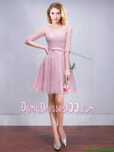 Perfect See Through V Neck Tulle Short Dama Dress with Half Sleeves