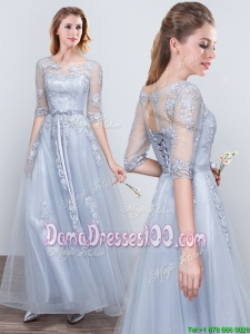 See Through Scoop Applique and Belted Grey Dama Dress with Elbow Length Sleeves