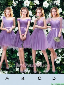 Wonderful Belted and Ruched Princess Lavender Short Dama Dress in Tulle