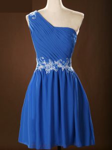 Chiffon One Shoulder Sleeveless Zipper Appliques and Ruching Dama Dress in Blue