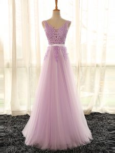 Floor Length Lilac Quinceanera Court Dresses V-neck Sleeveless Lace Up