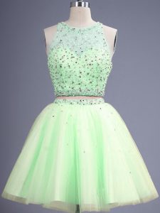 Knee Length Lace Up Quinceanera Dama Dress Yellow Green for Prom and Party and Wedding Party with Beading