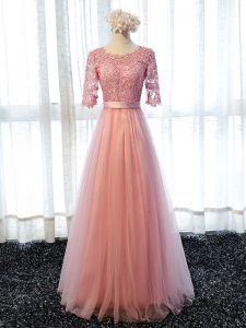 Affordable Pink Lace Up Damas Dress Lace Half Sleeves Floor Length