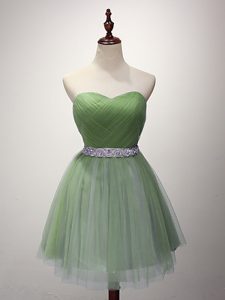 High Quality Beading and Ruching Quinceanera Court Dresses Green Lace Up Sleeveless Mini Length
