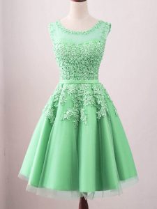 Green A-line Tulle Scoop Sleeveless Lace Knee Length Lace Up Dama Dress for Quinceanera